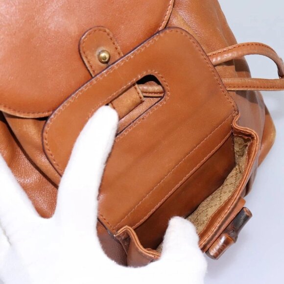 GUCCI Bamboo Backpack Leather Brown Gold - Picture 6 of 16